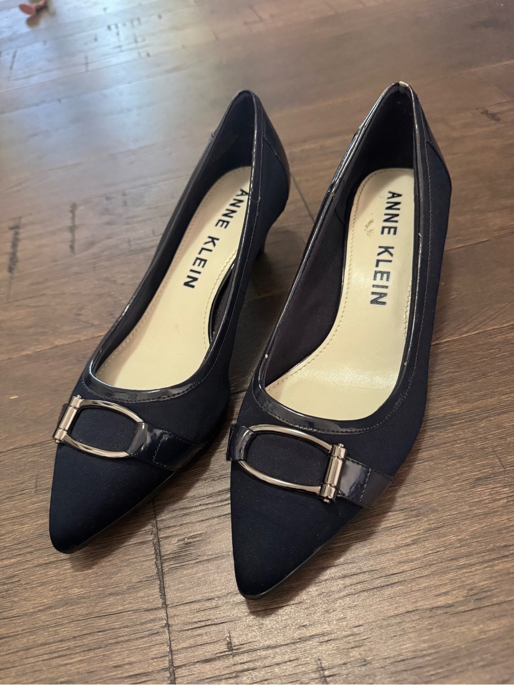 Anne Klein Navy Pointed Toe kitten heels with Metal Buckle